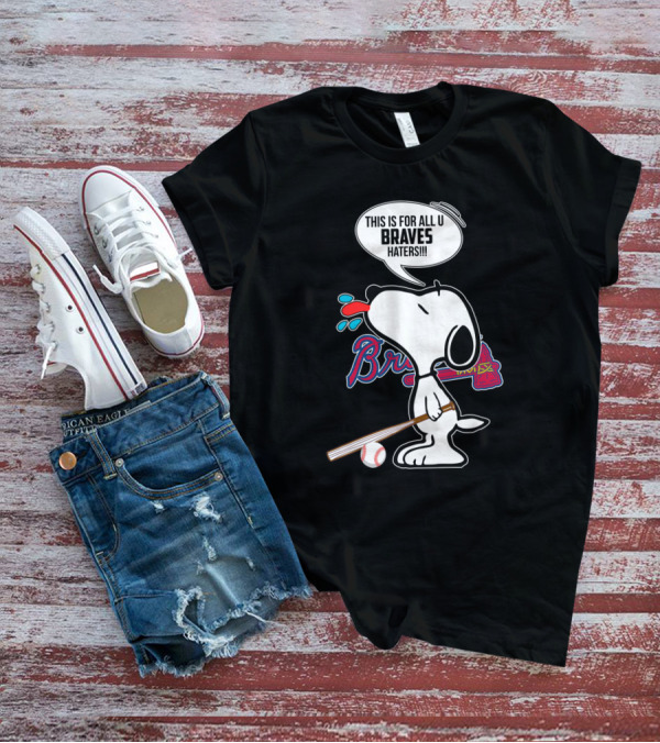 Snoopy Braves Tongue Out With Baseball Bat And Braves Text T-Shirt