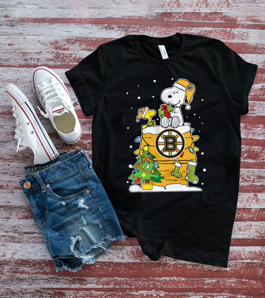 Boston Bruins Christmas Snoopy And Woodstock With Hockey T-Shirt