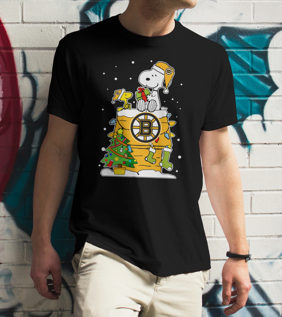 Boston Bruins Christmas Snoopy And Woodstock With Hockey T-Shirt