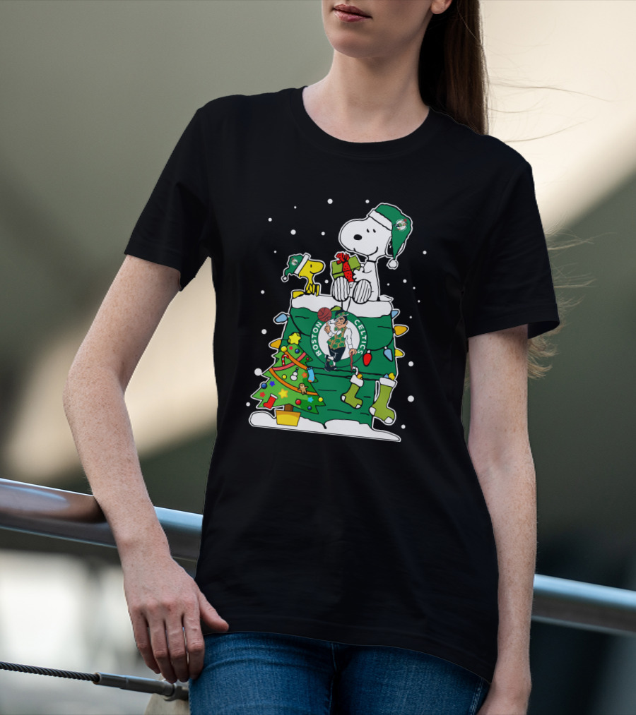 Boston Celtics Christmas Tree Snoopy And Woodstock Fan Favorite T-Shirt