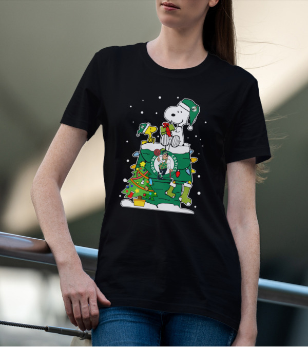 Boston Celtics Christmas Tree Snoopy And Woodstock Fan Favorite T-Shirt