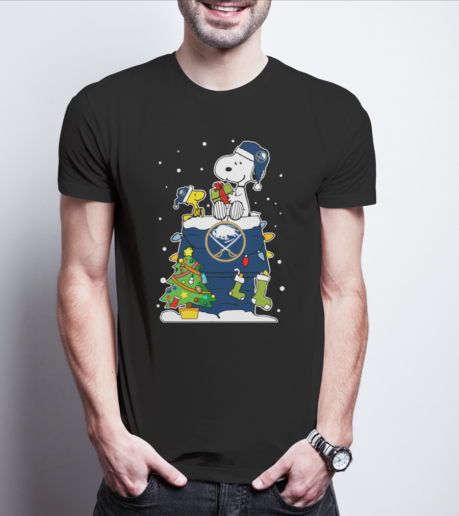 Buffalo Sabres Snoopy Christmas Gift With Woodstock And Holiday Tree T-Shirt
