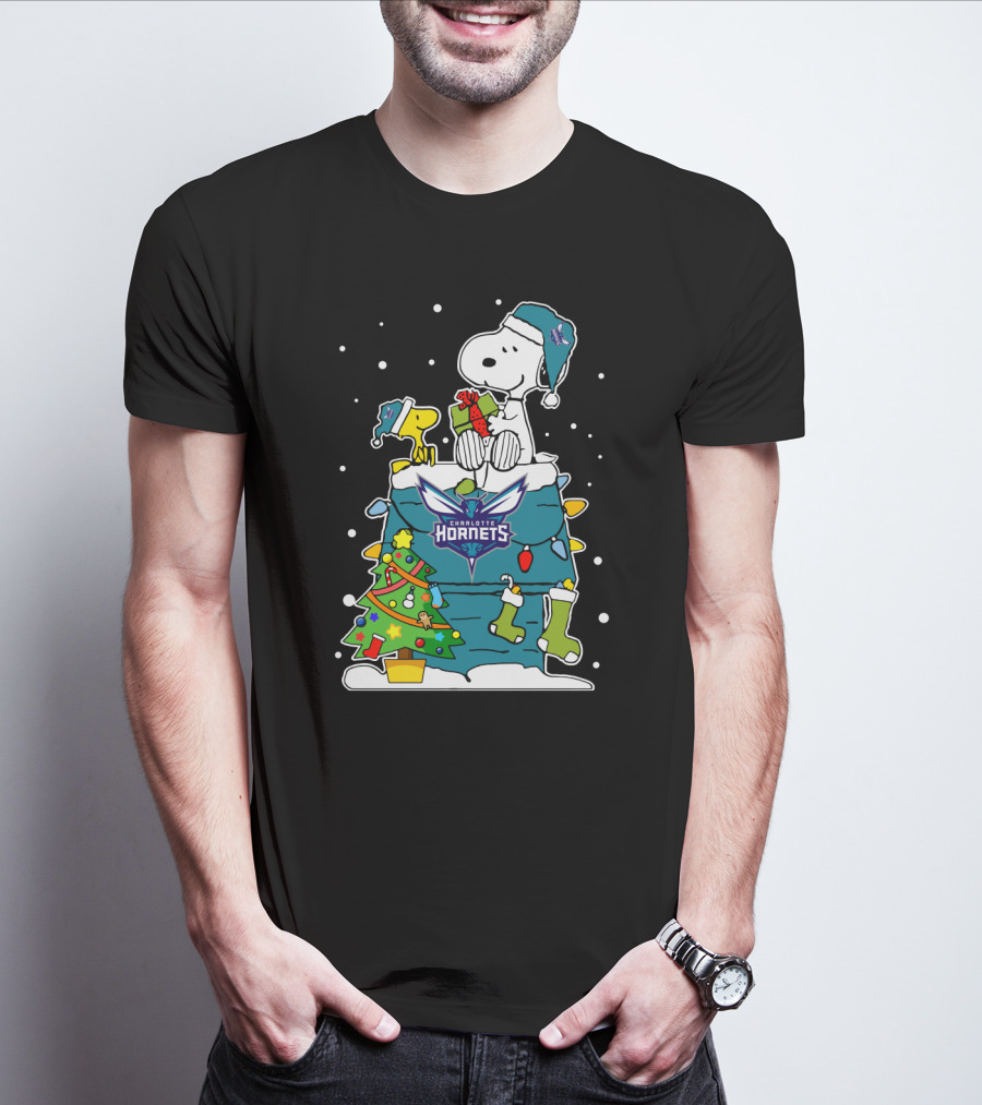 Charlotte Hornets Christmas Snoopy And Woodstock With Tree And Stockings T-Shirt