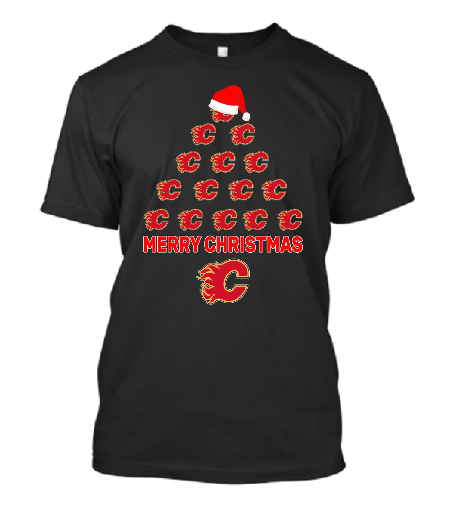 Calgary Flames Merry Christmas Tree With Santa Hat T-Shirt