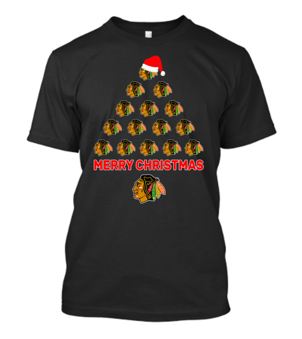 Merry Christmas Chicago Blackhawks Tree With Santa Hat Logo T-Shirt