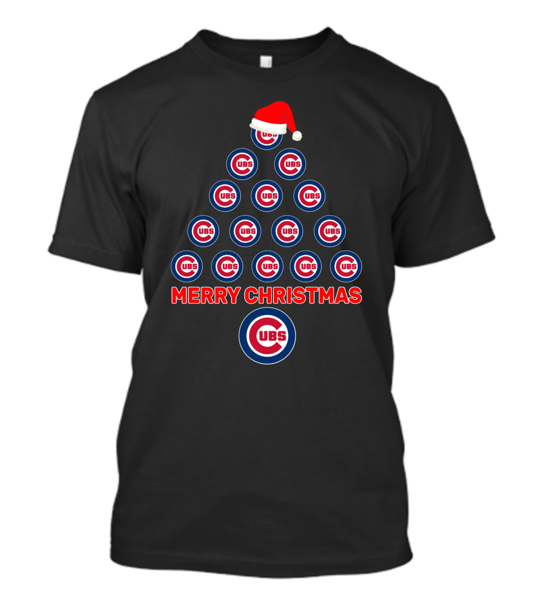 Merry Christmas Cubs Logo Christmas Tree Design With Santa Hat T-Shirt