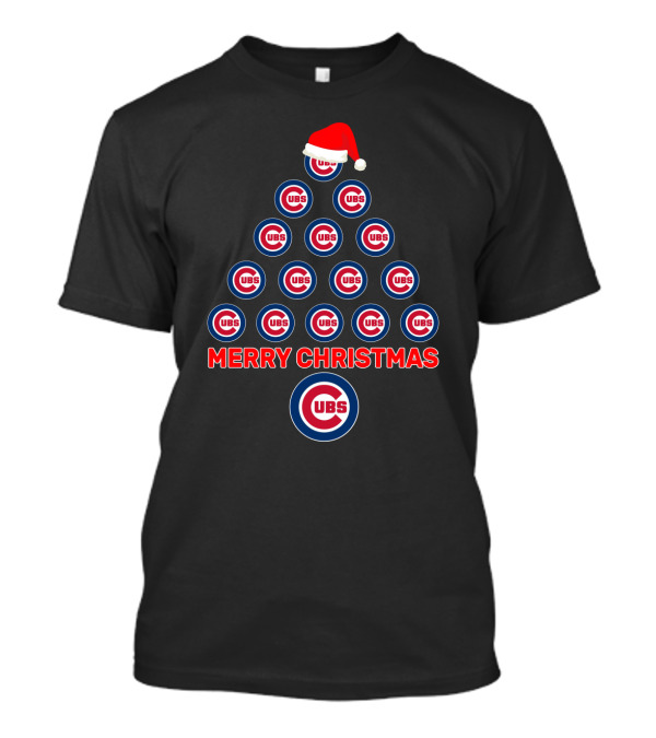 Merry Christmas Cubs Logo Christmas Tree Design With Santa Hat T-Shirt