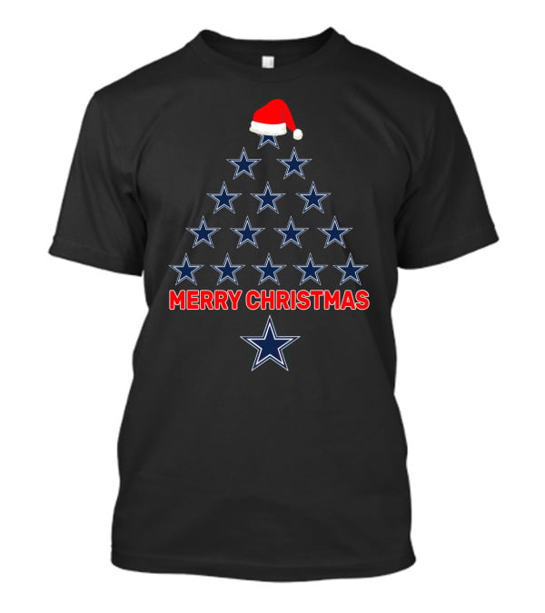 Merry Christmas Dallas Cowboys Stars Tree With Santa Hat T-Shirt