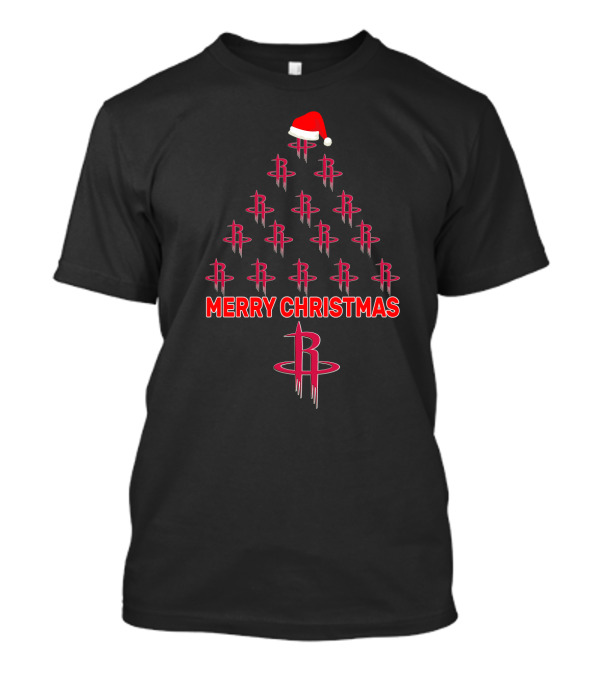 Merry Christmas Tree For Houston Rockets Fans With Santa Hat T-Shirt