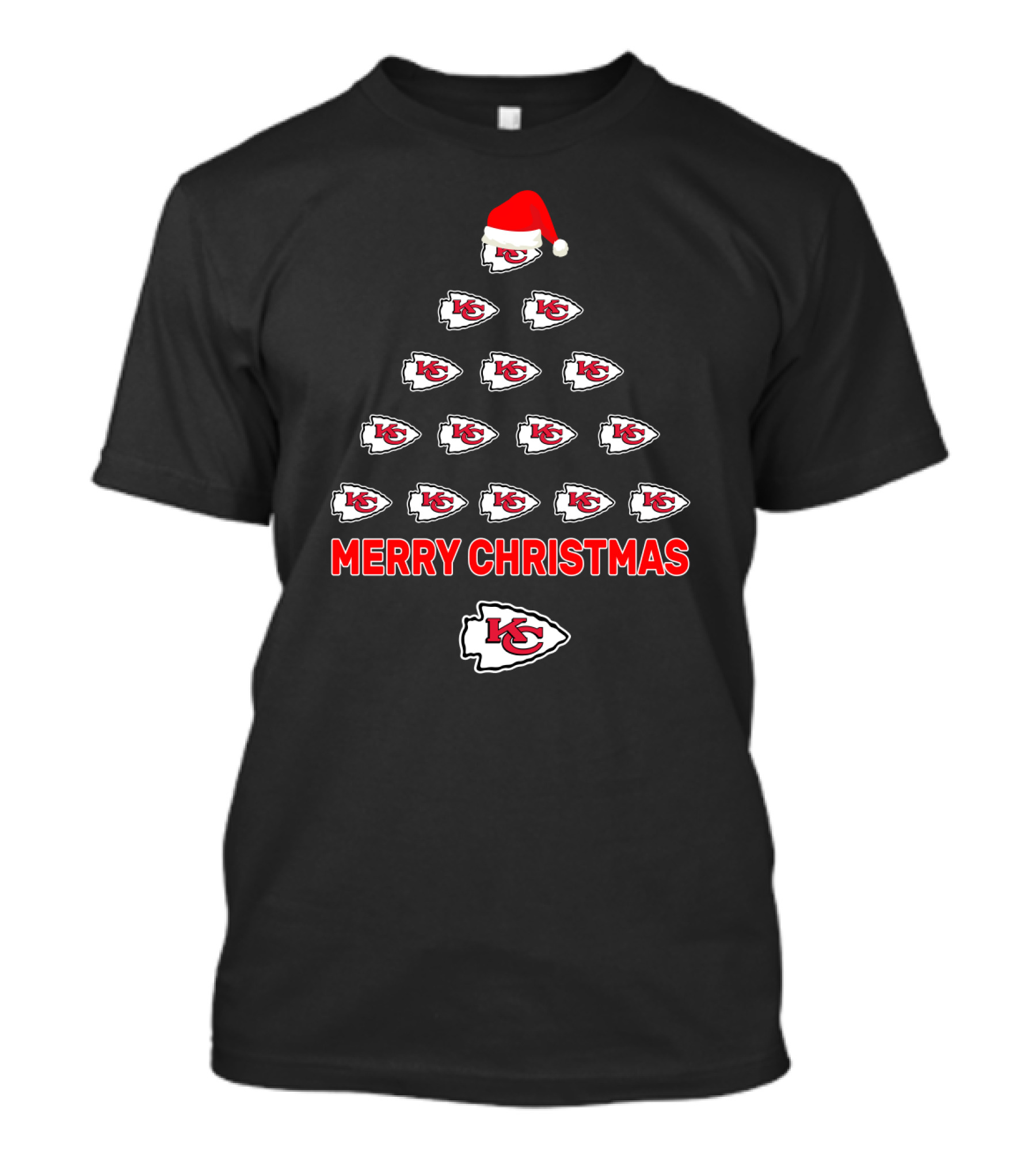 Merry Christmas Kansas City Chiefs Tree Design With Santa Hat T-Shirt