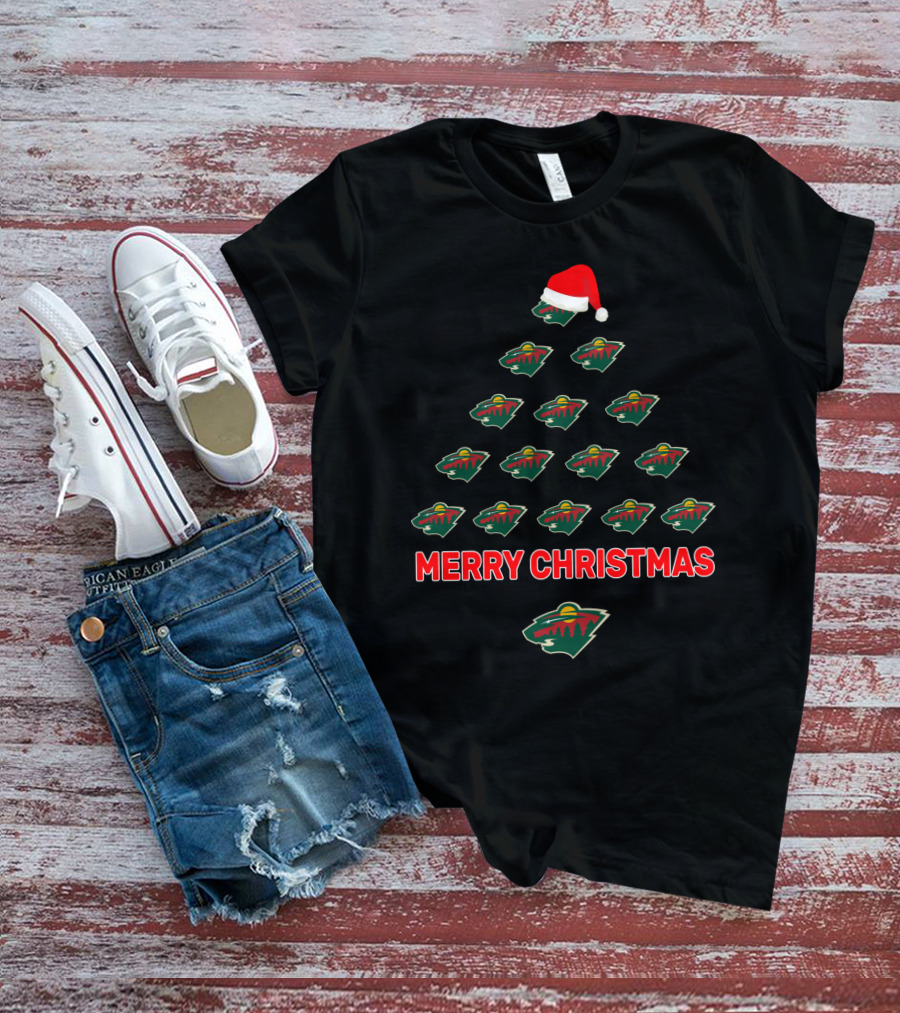 Minnesota Wild Merry Christmas Tree Design With Team Logos And Santa Hat T-Shirt