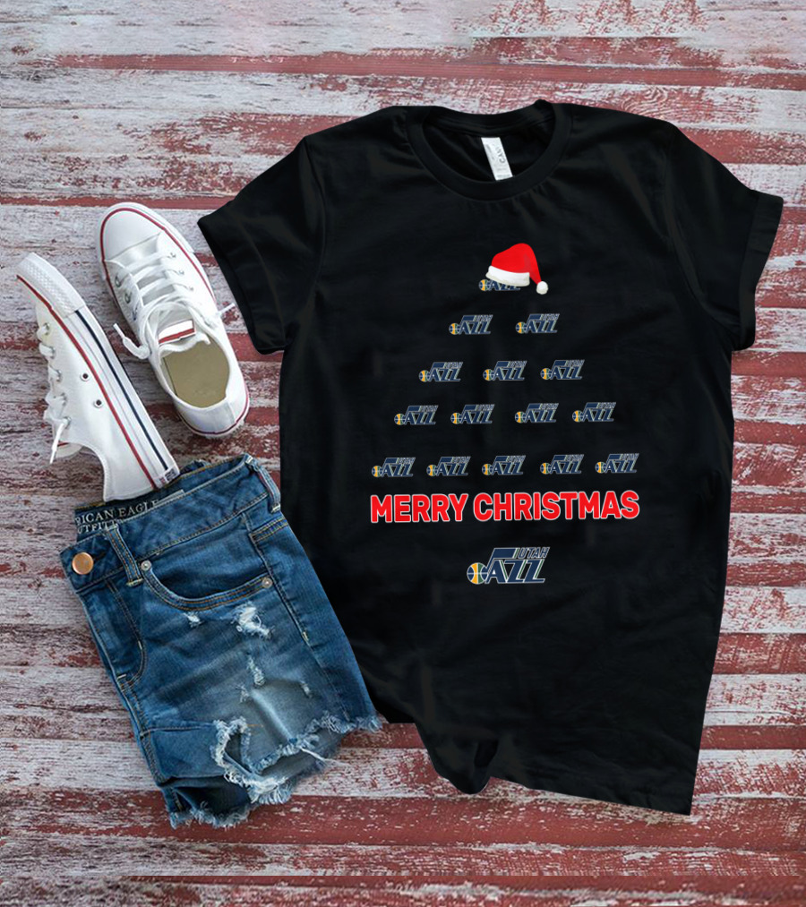 Utah Jazz Merry Christmas Tree With Logo And Santa Hat T-Shirt