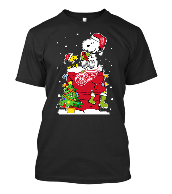 Detroit Red Wings Snoopy And Woodstock Christmas Scene T-Shirt