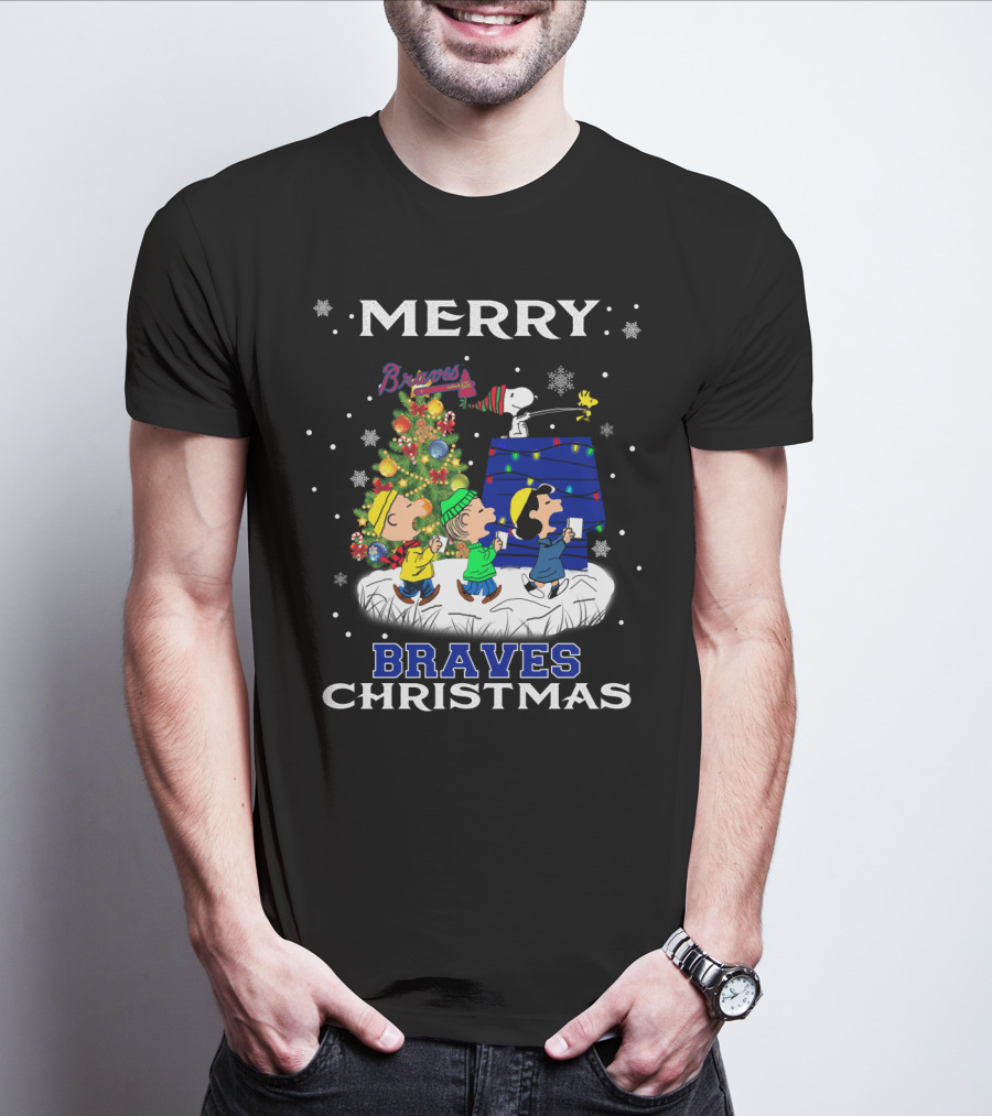 Merry Braves Christmas Featuring Snoopy And Peanuts Characters With Atlanta Braves T-Shirt