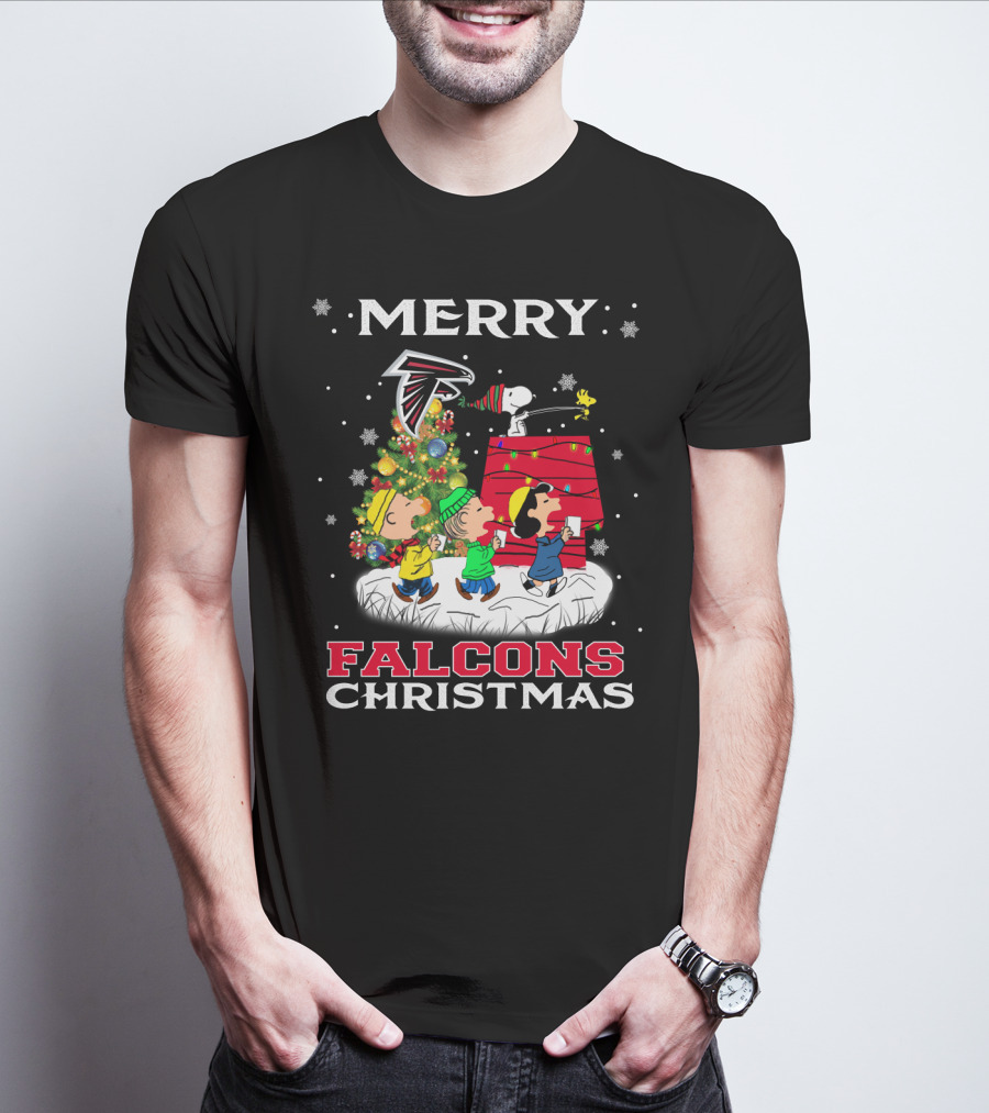 Merry Atlanta Falcons Christmas With Snoopy And Peanuts Characters T-Shirt