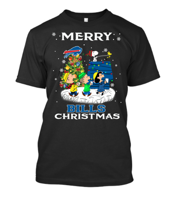 Merry Buffalo Bills Christmas For Snoopy Fans With Peanuts Characters And Tree T-Shirt