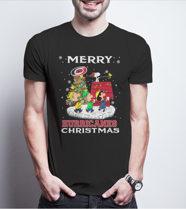 Merry Carolina Hurricanes Christmas Snoopy Peanuts Characters Caroling Winter Scene T-Shirt