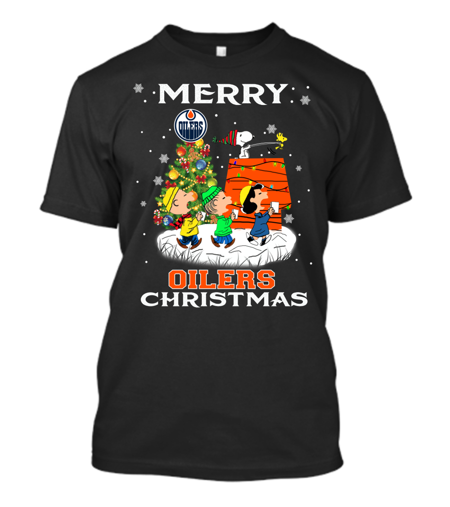 Merry Edmonton Oilers Christmas With Snoopy And Peanuts Characters T-Shirt