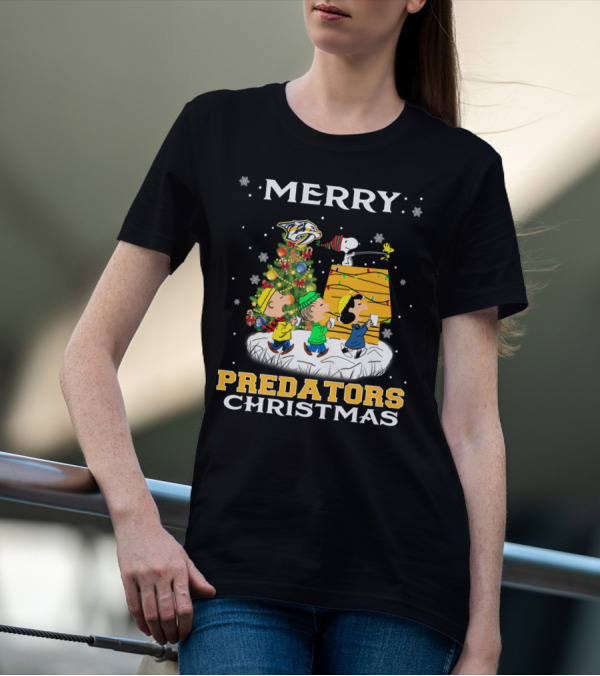 Merry Predators Christmas Featuring Snoopy And Nashville Holiday Cheer T-Shirt