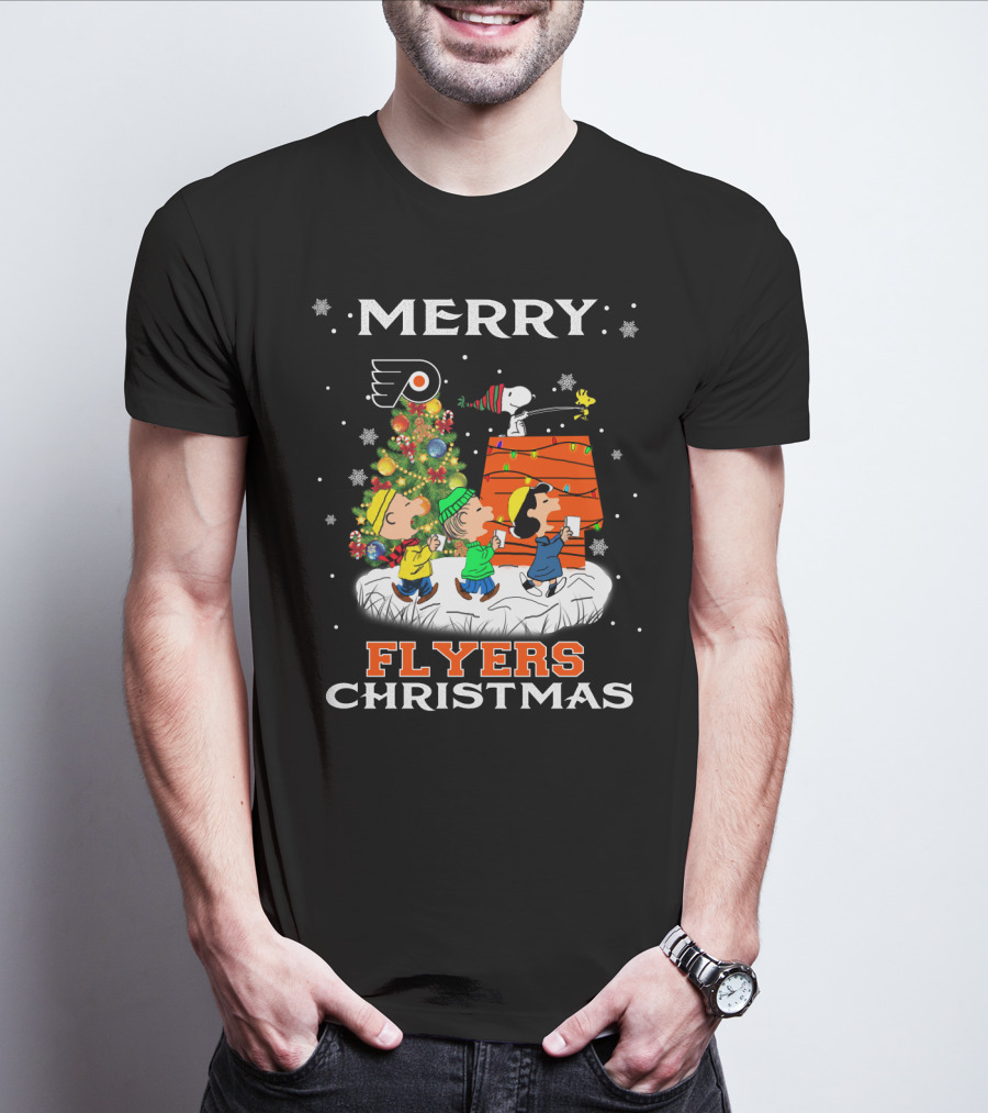 Merry Philadelphia Flyers Christmas Snoopy Peanuts Holiday Celebration Tree Woodstock T-Shirt