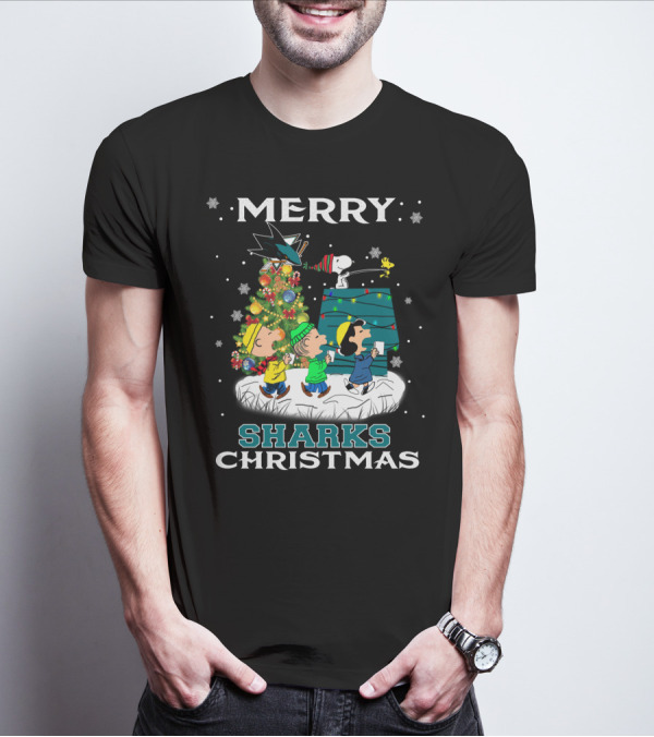 Merry San Jose Sharks Christmas With Snoopy And Friends Holiday T-Shirt