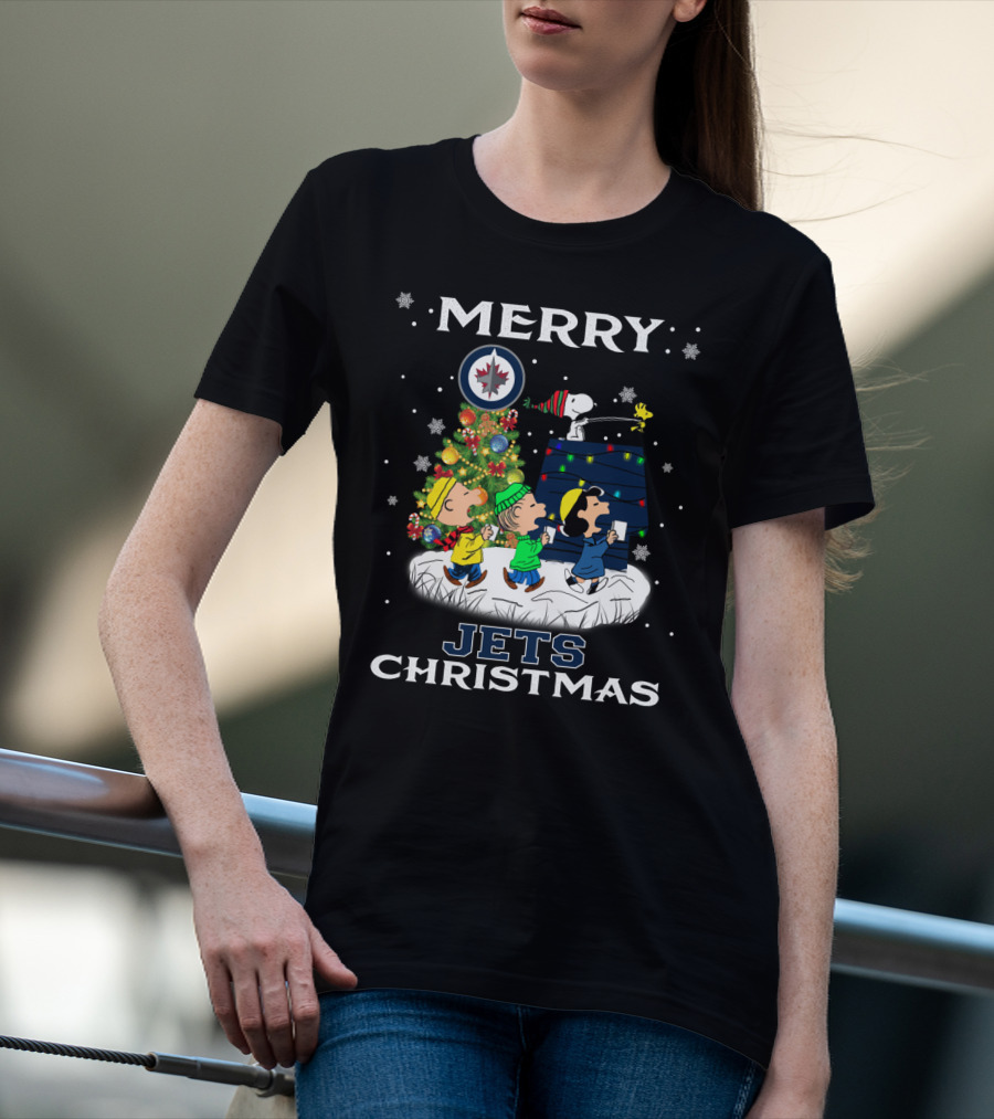 Merry Winnipeg Jets Christmas Featuring Snoopy And Peanuts Holiday Scene T-Shirt