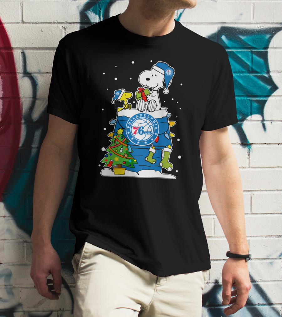 Philadelphia 76ers Snoopy Christmas Present With Tree And Woodstock T-Shirt