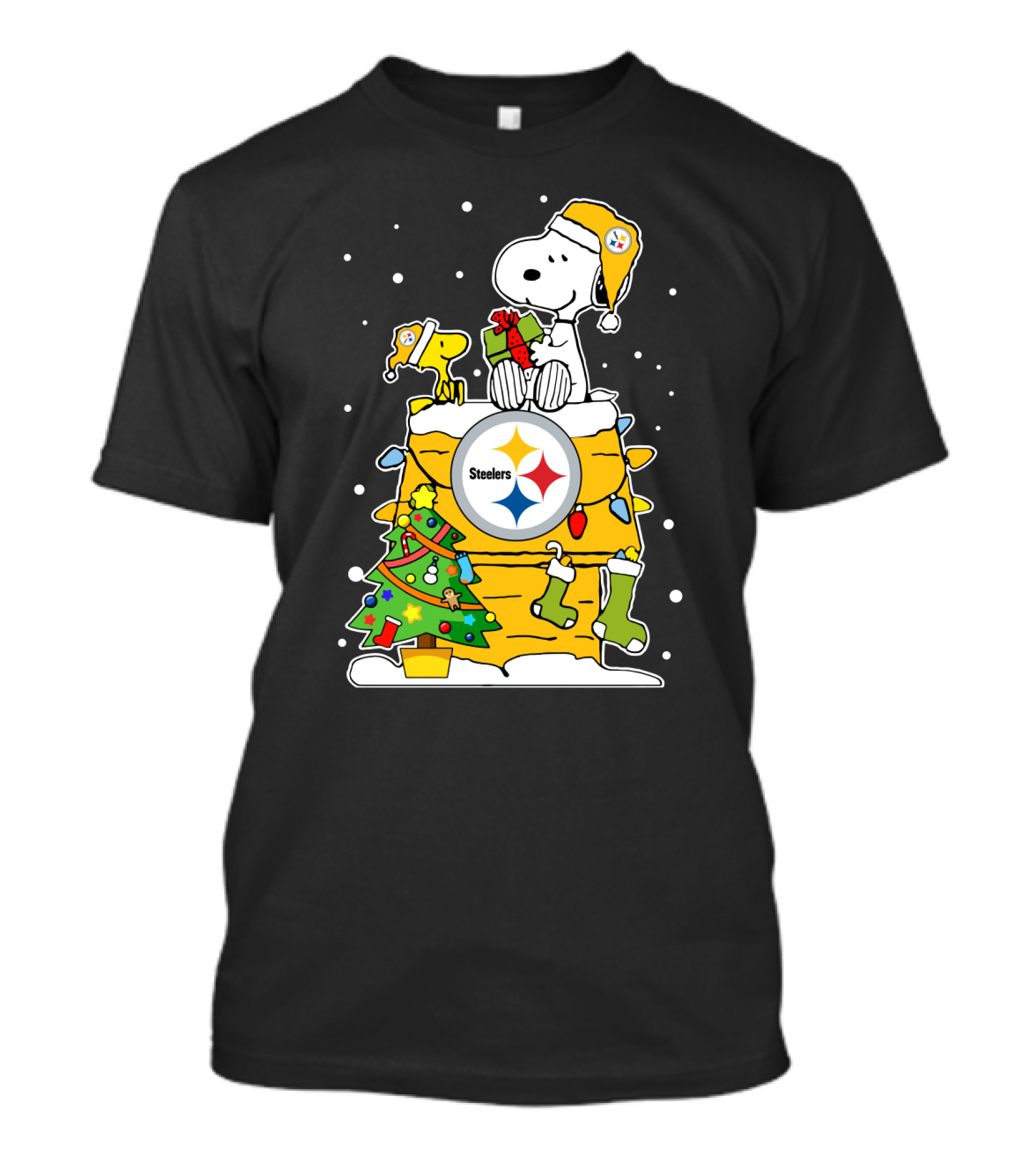 Pittsburgh Steelers Christmas Snoopy And Woodstock House With Holiday Decorations T-Shirt