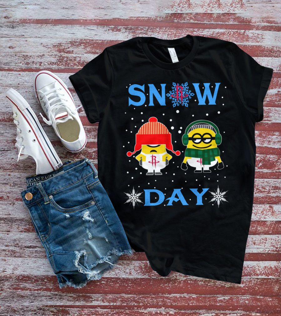 Snow Day With Houston Rockets And Minion Fans In Winter Attire T-Shirt