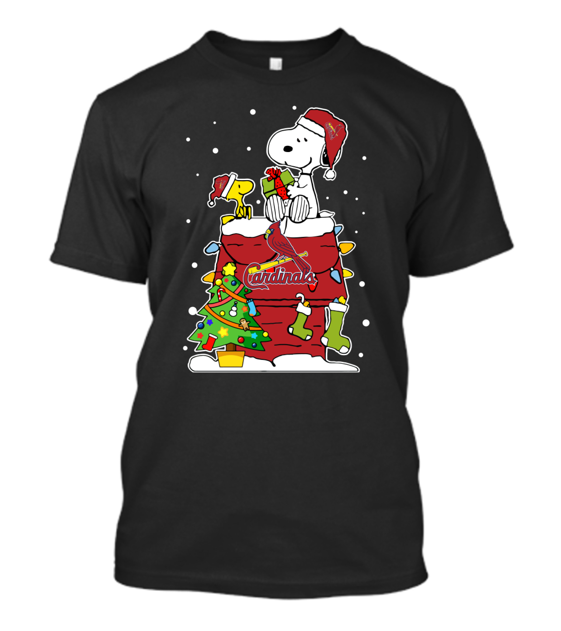 St. Louis Cardinals Snoopy Christmas Celebration With Woodstock And Festive Tree T-Shirt