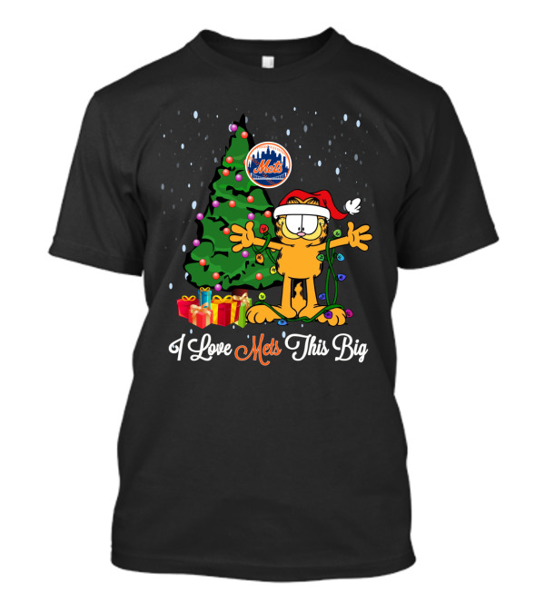 Garfield Christmas Illustration With New York Mets Logo And Festive Tree Featuring I Love Mets This Big T-Shirt