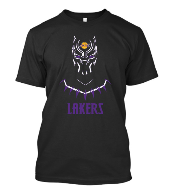 Lakers Fan Black Panther Mask With Los Angeles Lakers Logo And Purple Necklace T-Shirt