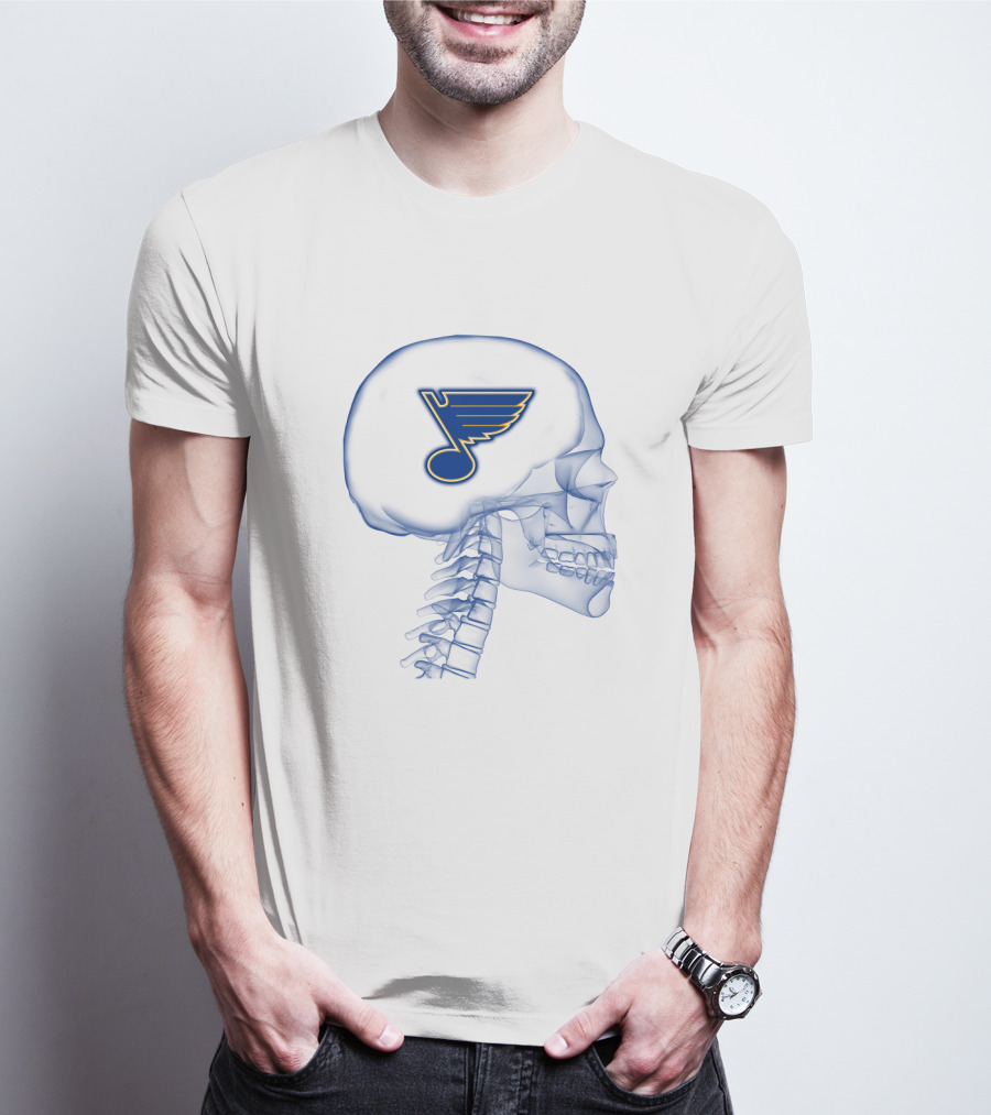 St. Louis Blues Hockey Logo Inside Skull Blueprint T-Shirt