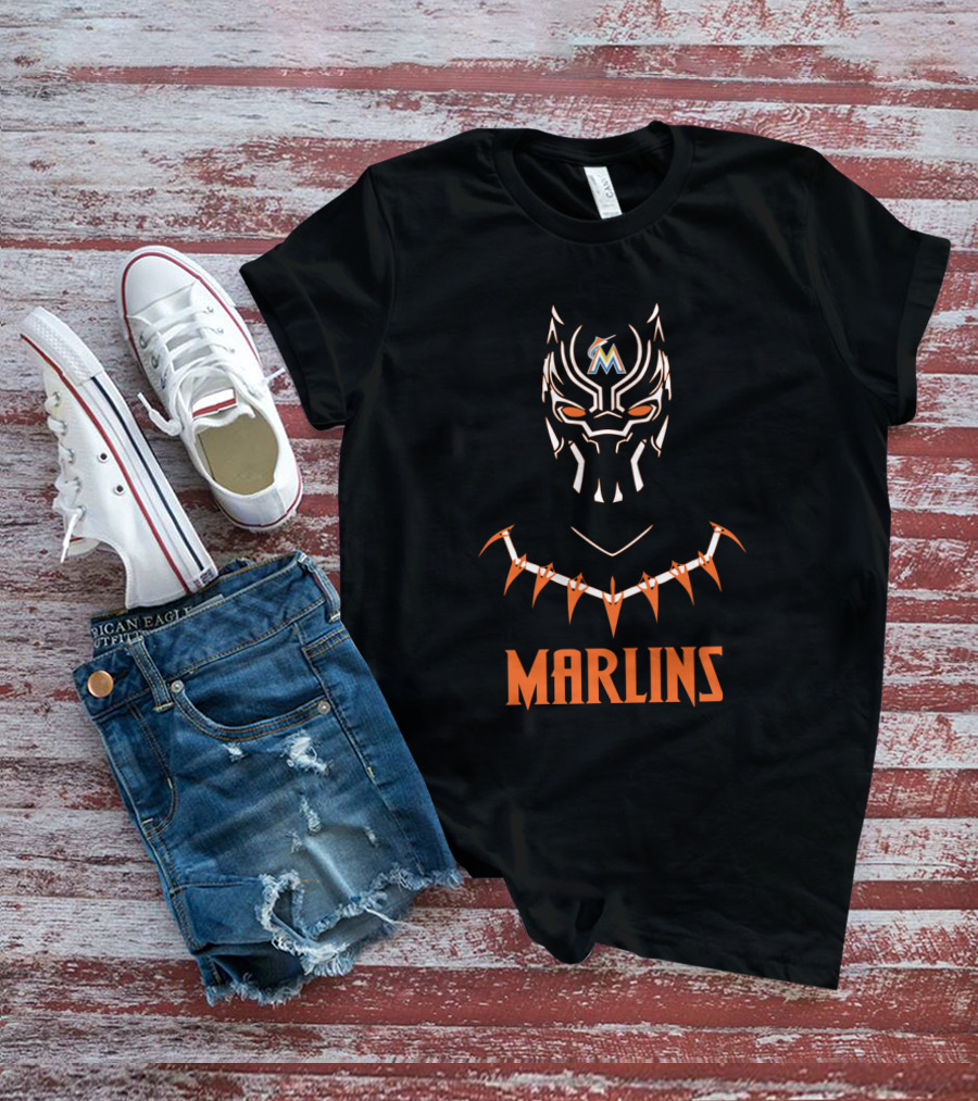 Miami Marlins Black Panther Mashup With Marlins Text And Mask T-Shirt