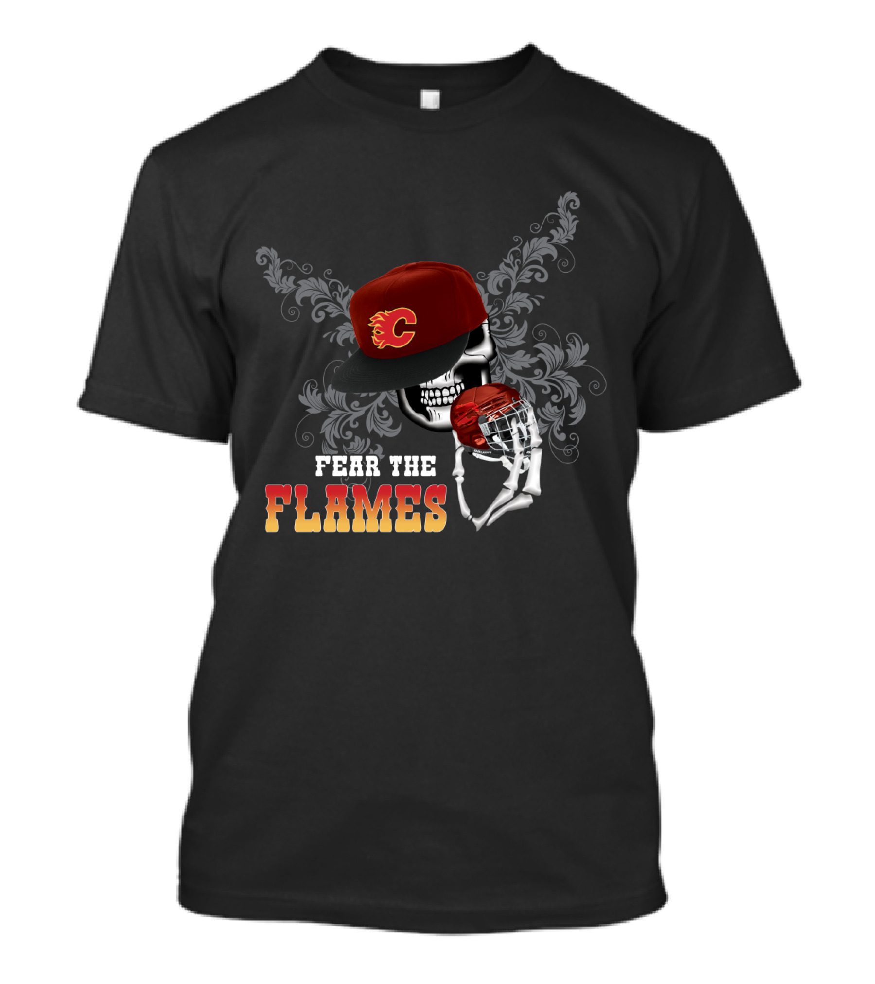 Fear The Flames Skull In Hat With Hockey Helmet Motif T-Shirt