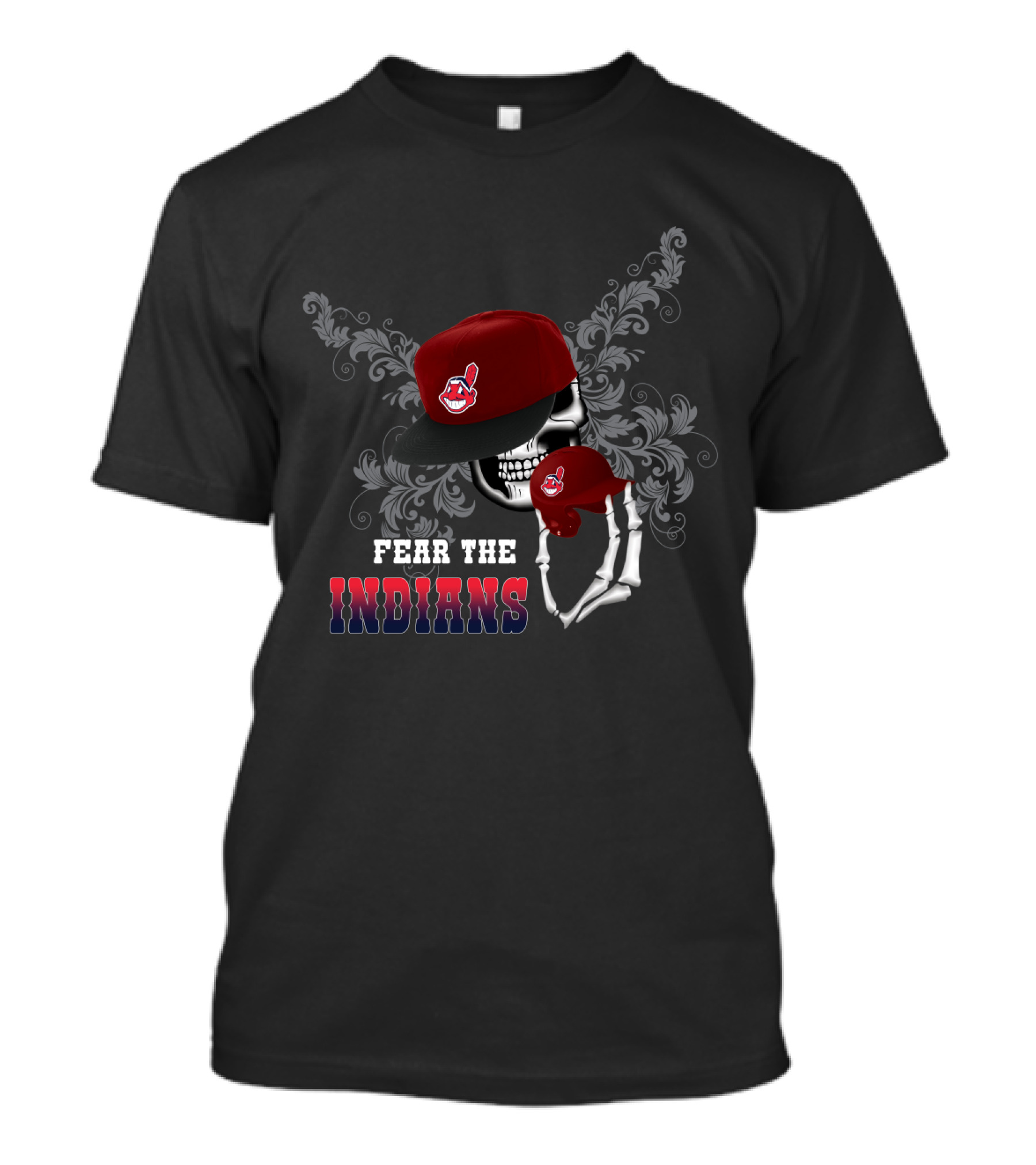Cleveland Indians Fear The Skull With Red Cap And Skeleton Hand T-Shirt