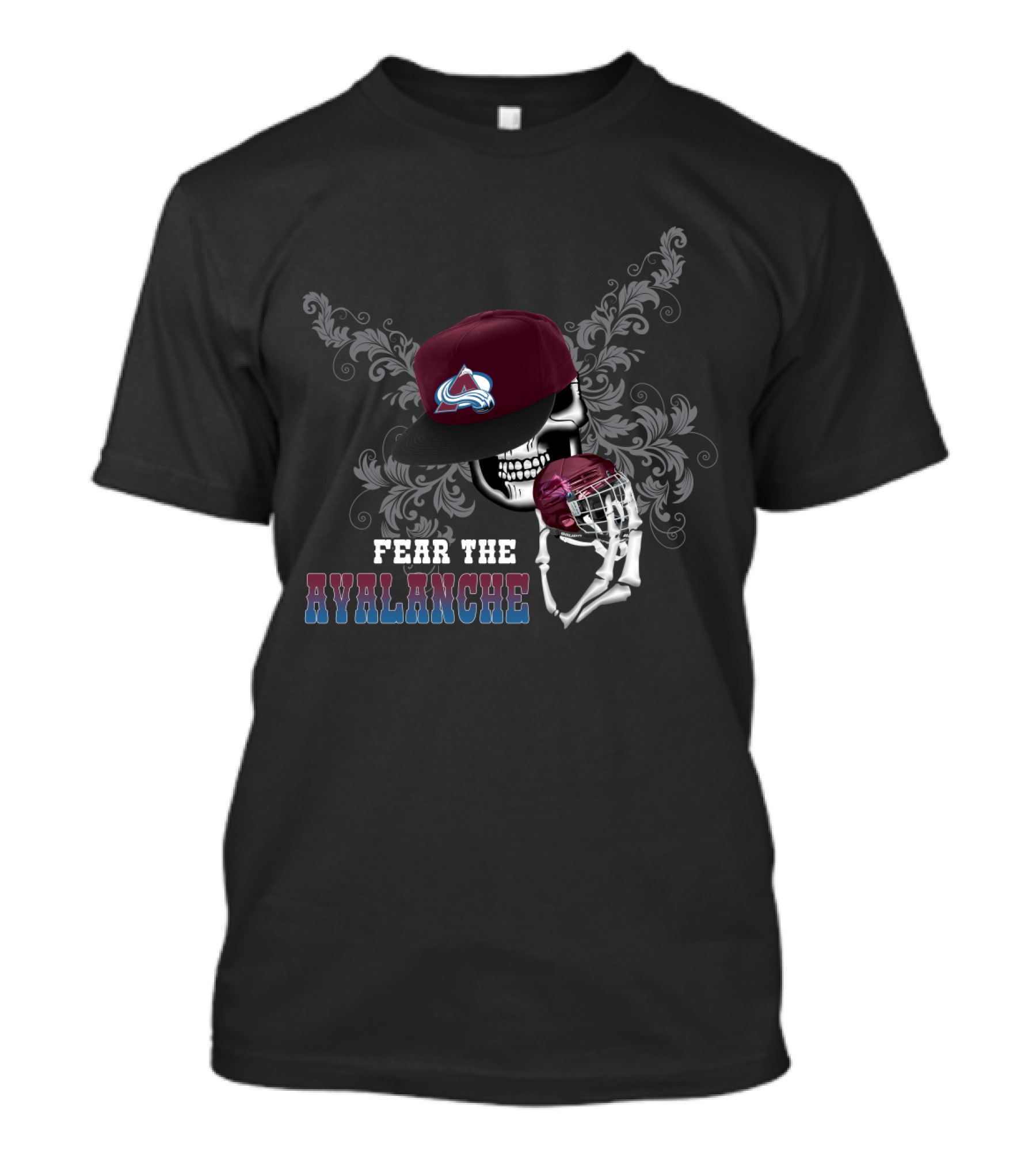 Fear The Avalanche Skull Wearing Colorado Hockey Cap And Holding Hockey Helmet T-Shirt
