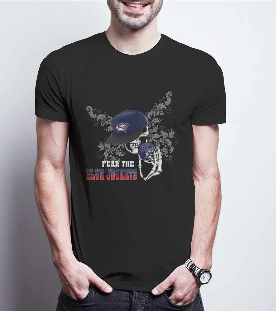 Fear The Columbus Blue Jackets Skull With Hockey Helmet And Hat T-Shirt