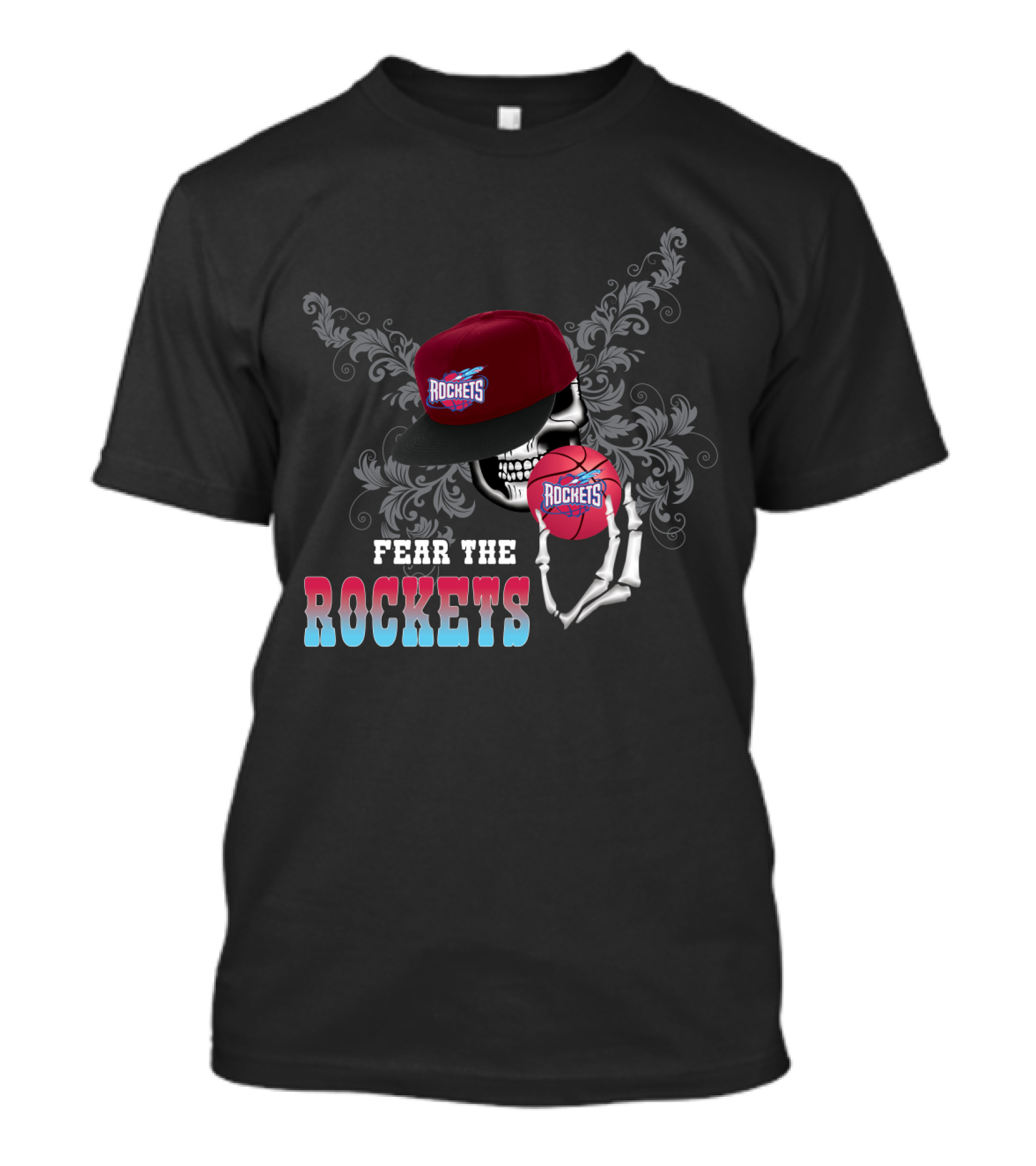 Fear The Rockets Skeleton Hat Basketball T-Shirt