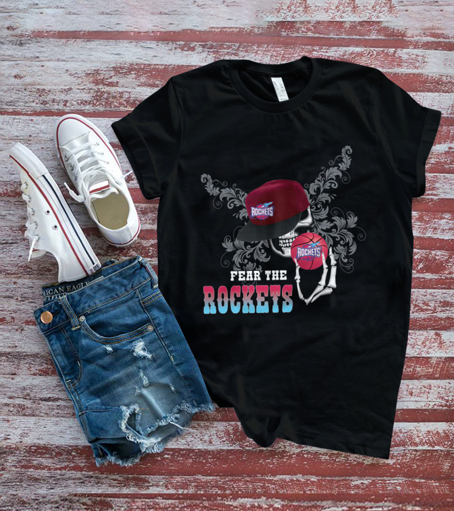 Fear The Rockets Skeleton Hat Basketball T-Shirt