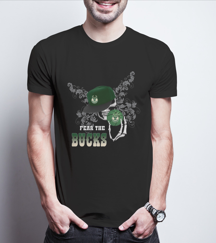 Fear The Bucks Skeleton Holding Basketball Milwaukee Bucks Fans T-Shirt