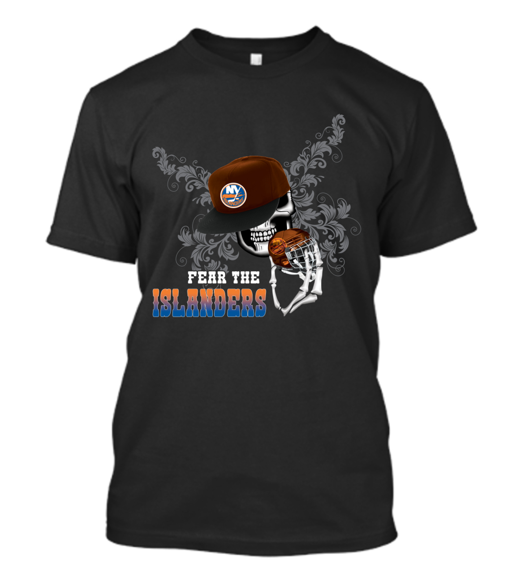 Fear The Islanders Skull Art With New York Islanders Hockey Helmet And Cap T-Shirt