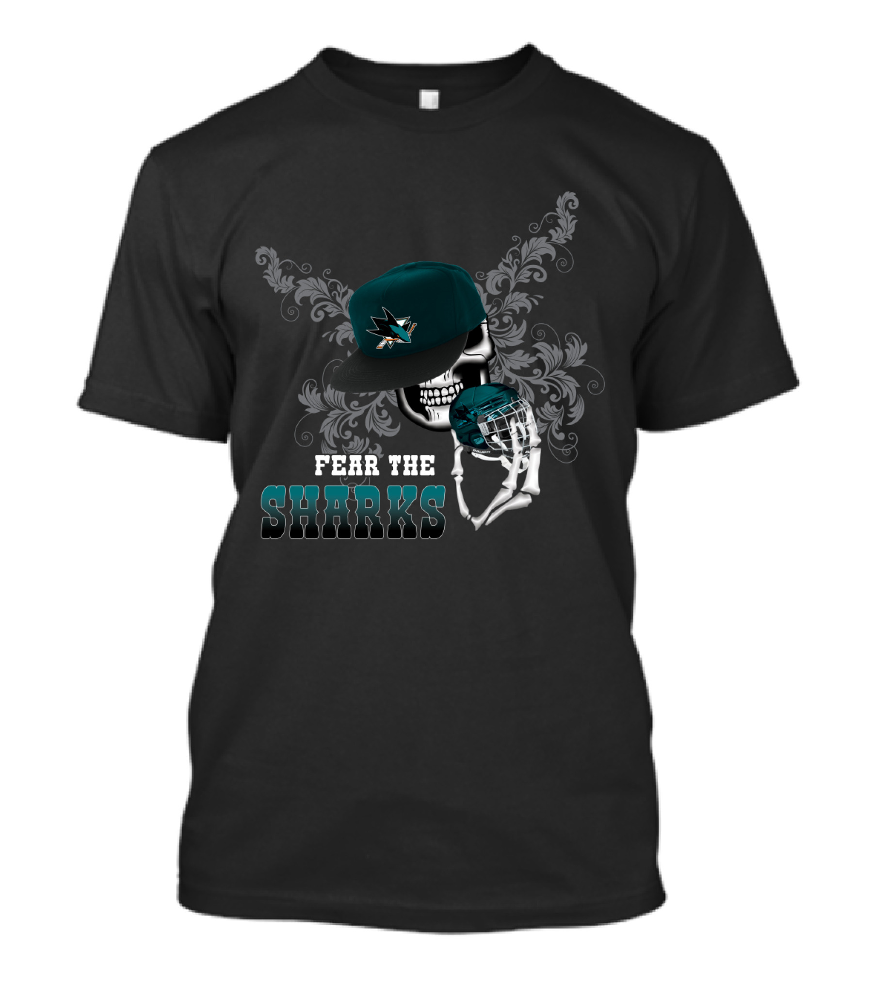 Fear The San Jose Sharks Skull With Hockey Helmet And Cap T-Shirt