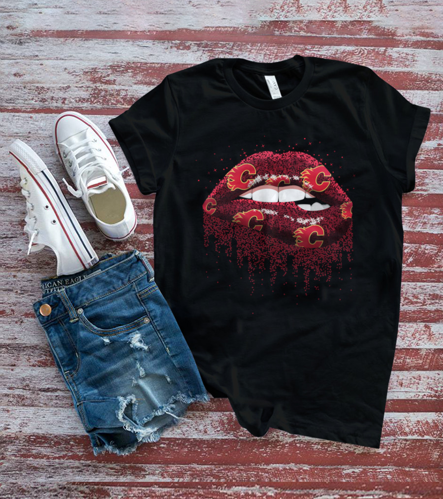 Calgary Flames Glitter Lips Fan Lips With Flames T-Shirt
