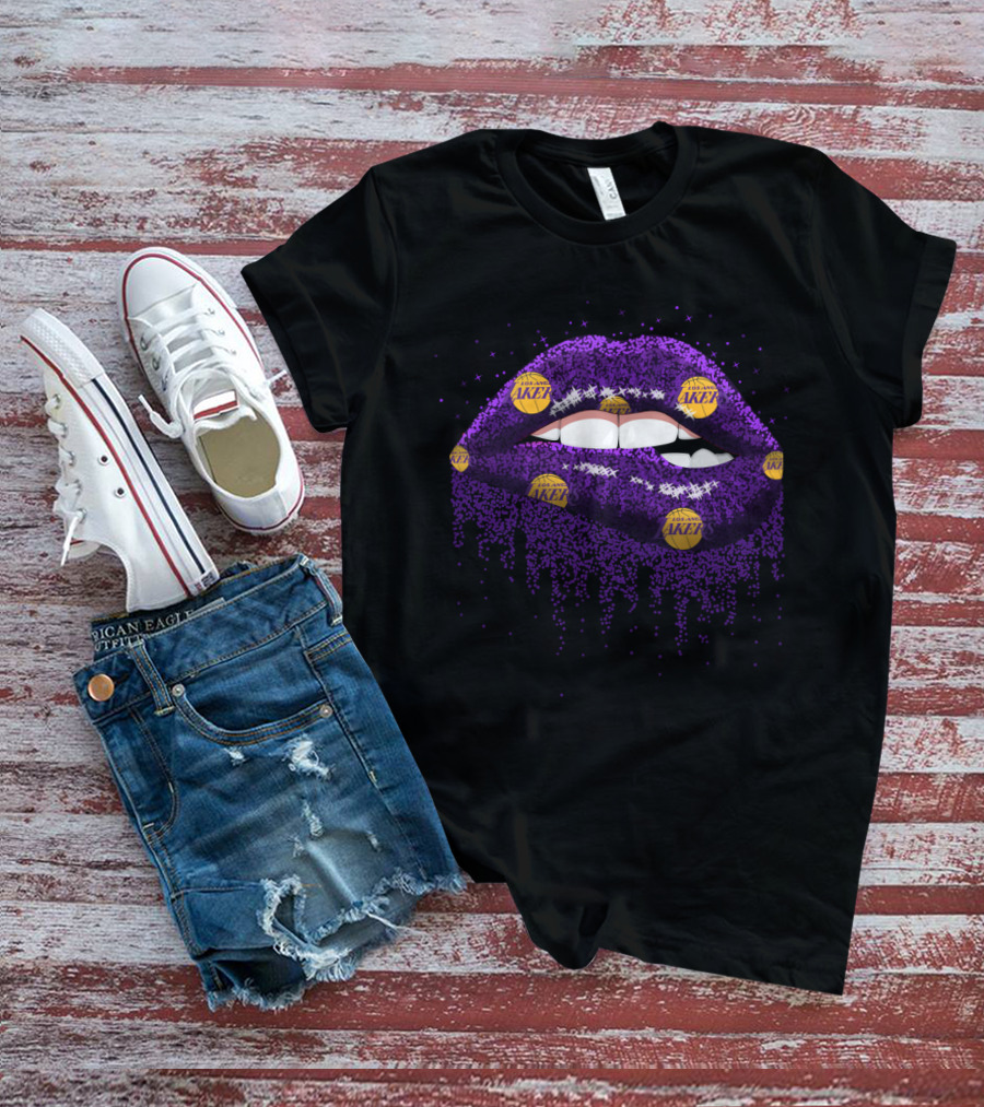 Glitter Purple Lips Decorated With Los Angeles Lakers Basketball Logos For Fans T-Shirt