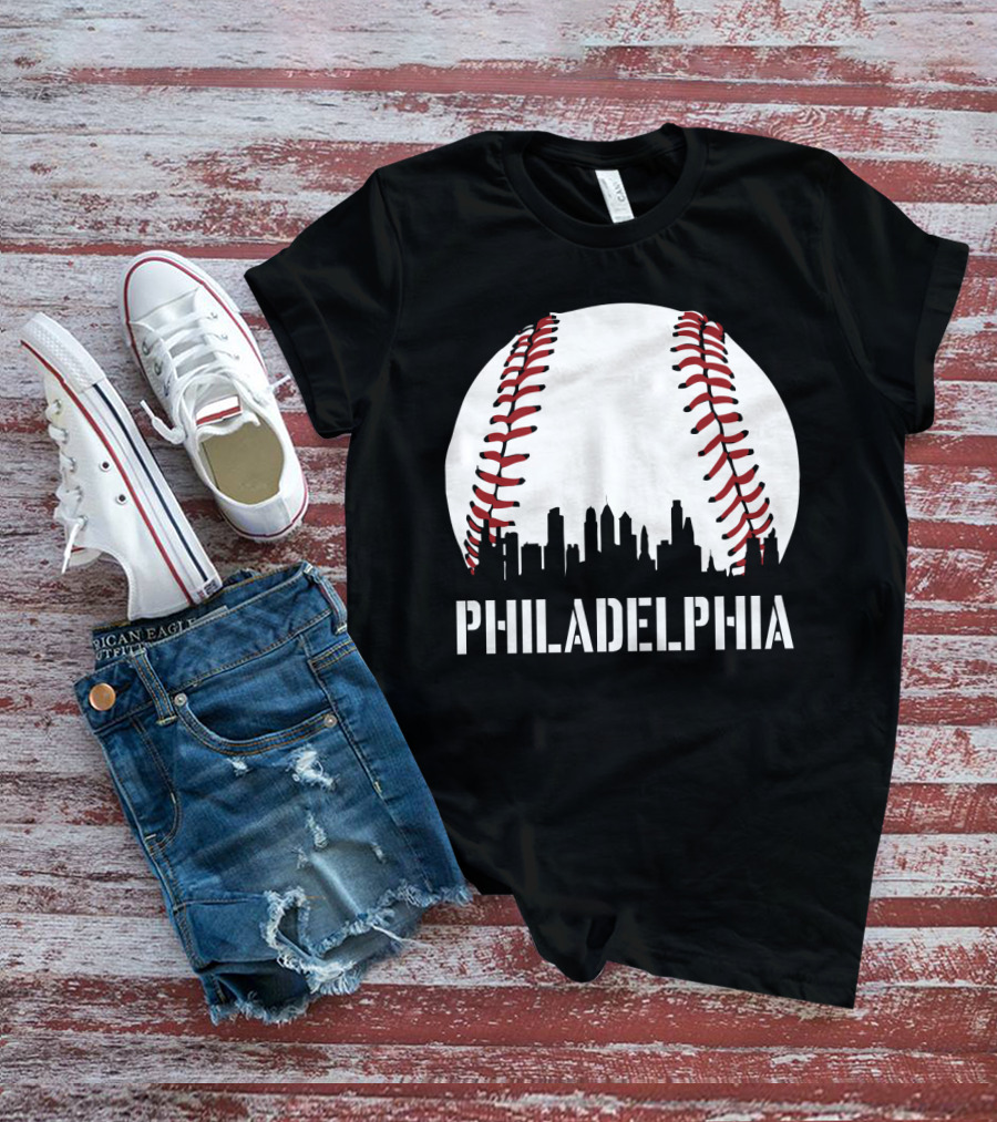 Philadelphia Skyline Baseball Stitching Downtown Philly T-Shirt