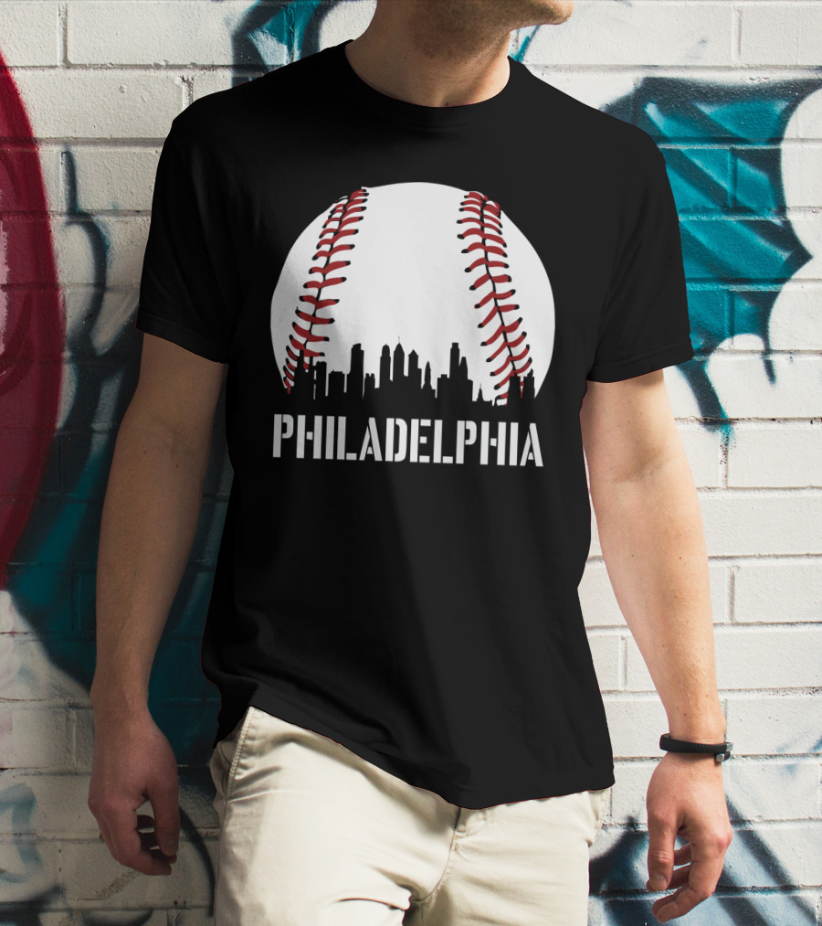 Philadelphia Skyline Baseball Stitching Downtown Philly T-Shirt