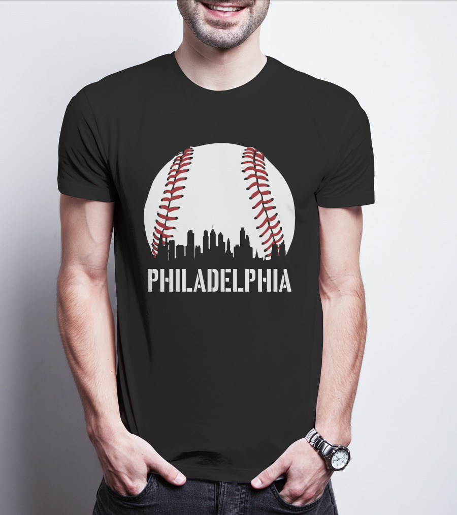 Philadelphia Skyline Baseball Stitching Downtown Philly T-Shirt