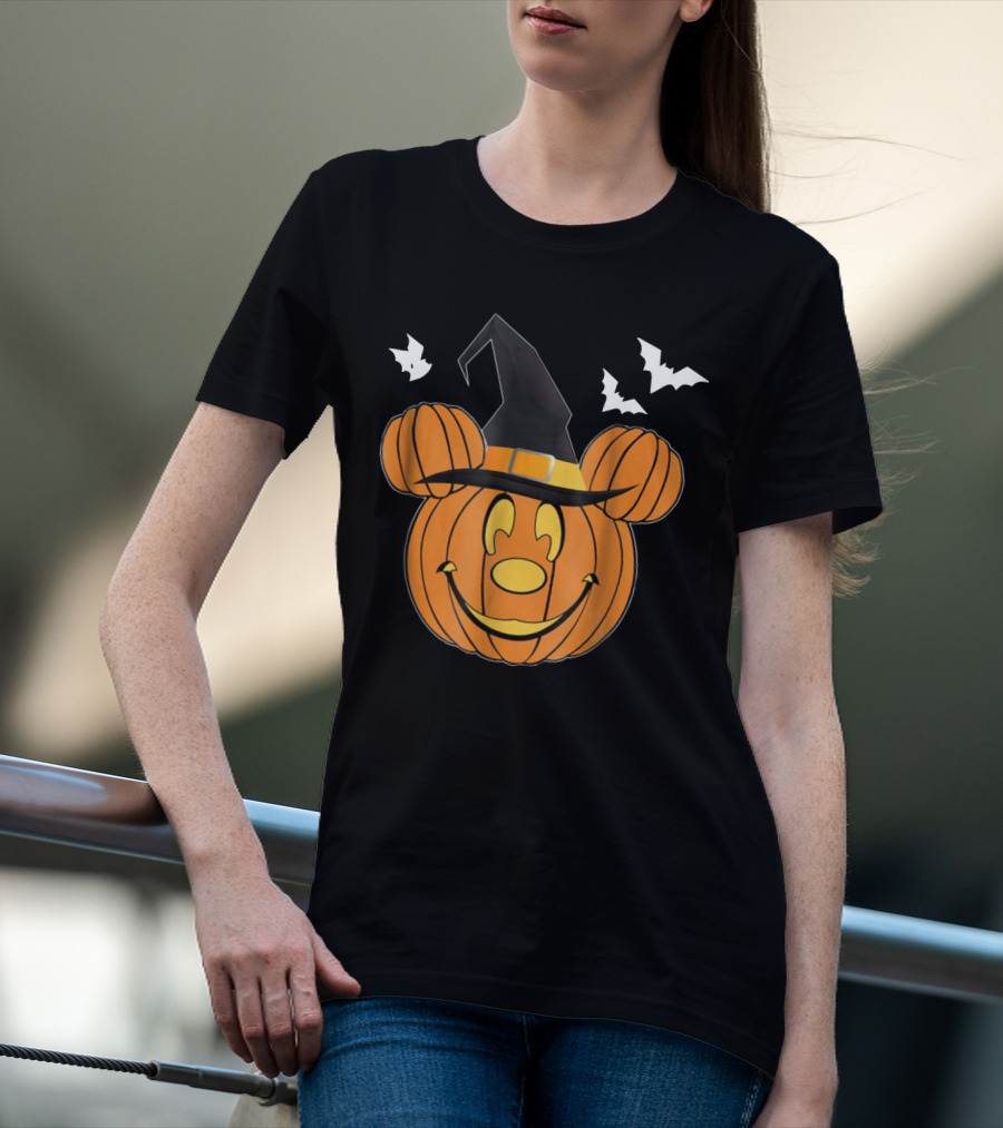 Disney Mickey Mouse Halloween Pumpkin Witch Hat And Bats T-Shirt