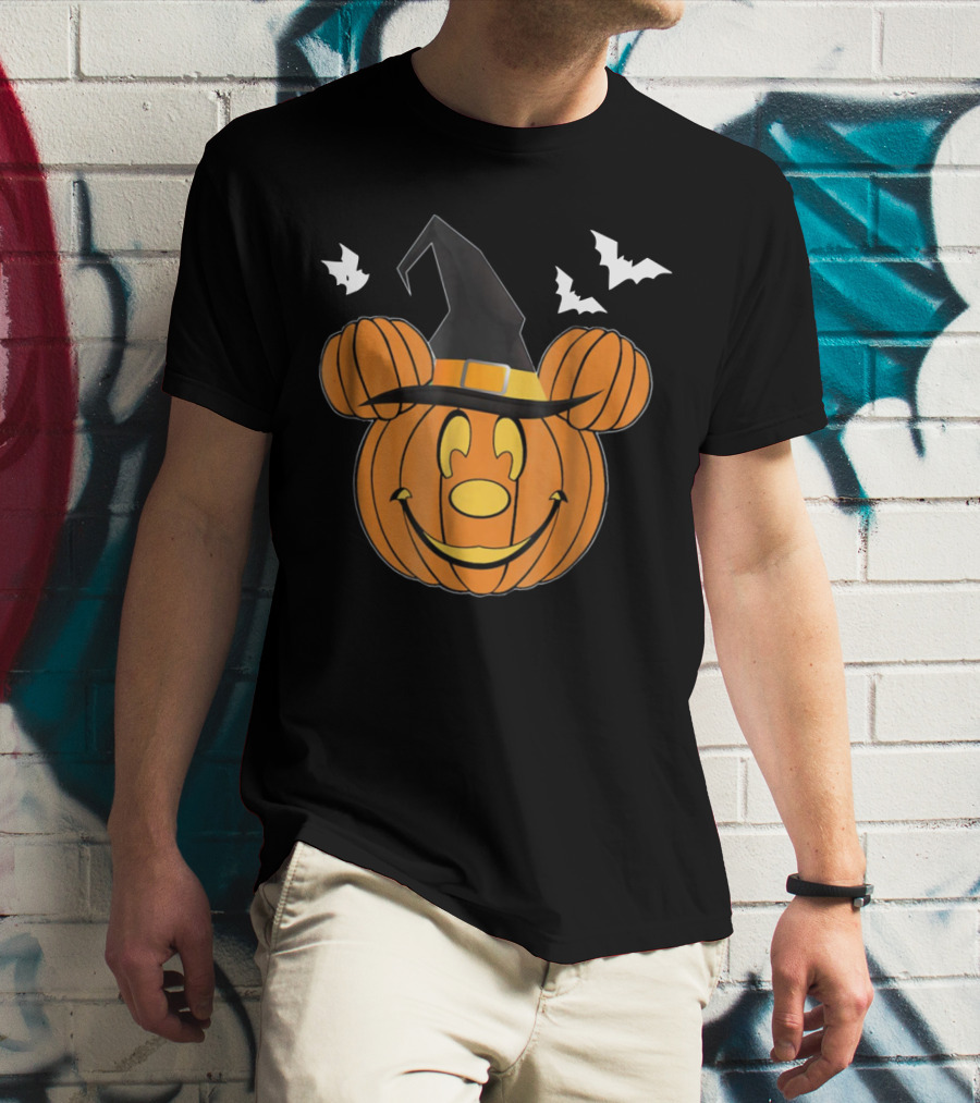 Disney Mickey Mouse Halloween Pumpkin Witch Hat And Bats T-Shirt